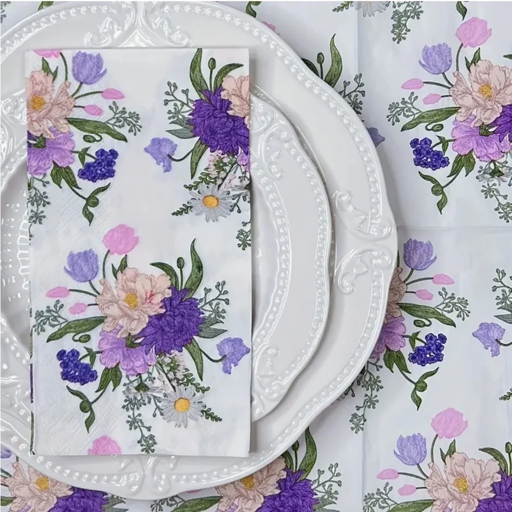 White and Purple Floral Guest Towel Hostess Napkins, Set of 20